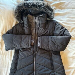 Insulated Black Puffer Coat with Detachable Faux Fur Hood